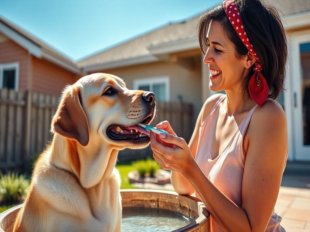 happy slender middle age woman gently brushing the teeth of a tan Labrador retriever with a toothbrush