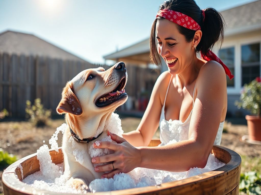 happy slender middle age woman laughing and smiling while giving a bath to a tan Labrador retrieve
