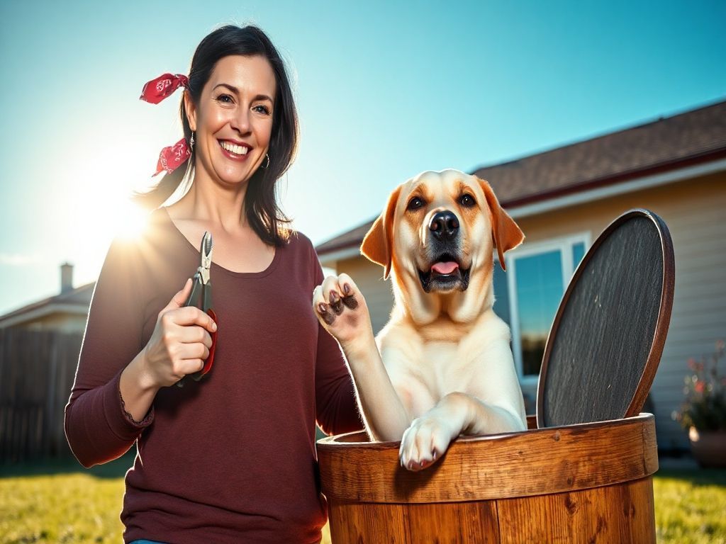 happy slender middle age woman with black hair holding a pair of nail clippers for dogs, with a tan Labrador Retriever